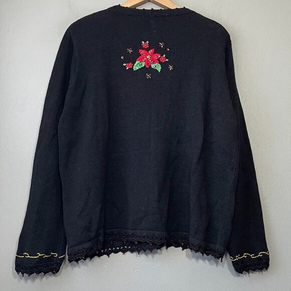 Cove Creek Size XL Black Embroidered Sequin Sweater Christmas Poinsettia Grandma - Picture 6 of 11